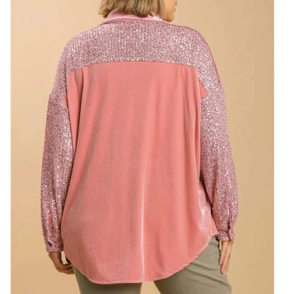 NWT Umgee Rose Pink Velvet Sequin Oversized Long Sleeve Button Down Top Shirt - Picture 6 of 16